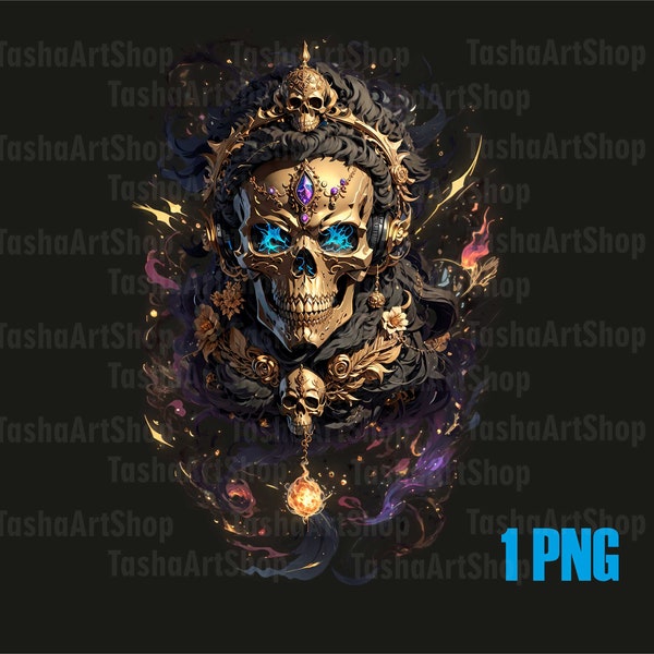 Skull in headphones, gold, Digital painting, T-shirt design, transparent background, Sublimation PNG