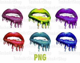 3D, Dripping Lips, Lip Biting, Printable, Sublimation design, Transparent Background, Instant Download, Multicolored, Png, Set 6 pcs.