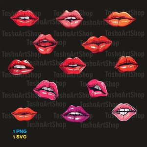 Lèvres de dessin animé, Ensemble de 13 lèvres PNG, Bundle, conception PNG, Sublimation, Rouge, Rose, SVG