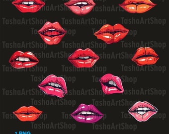 Cartoon lips, Set of 13 PNG lips, Bundle, PNG design, Sublimation, Red, Pink, SVG
