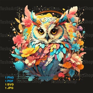 Owl in Flowers, Bird of Prey, T-shirt, Design Sublimation, Print Download, Digital File, Colorful Illustration, Digital Art, Png, Svg