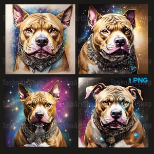 Faccia di pitbull, a colori, stile ritratto, cane e galassia, immagine raster, decorazione murale, set di 4 dipinti, PNG,