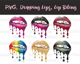 Png Dripping Lips, LGBT Rainbow Lips, Biting, Printable, Sublimation, ClipArt, Transparent Background, Instant Download, Multicolored, 6 pcs