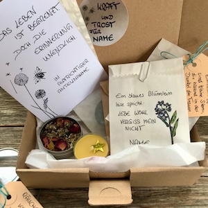 Trostbox, Trauerbox, Trost und Kraft spenden, Alternative zur Beileidskarte, Vergissmeinnicht