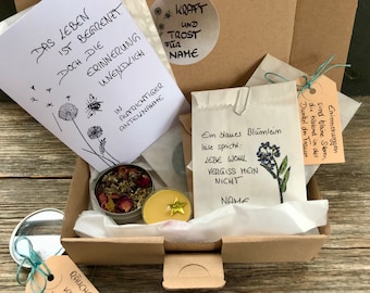 Trostbox, Trauerbox, Trost und Kraft spenden, Alternative zur Beileidskarte, Vergissmeinnicht
