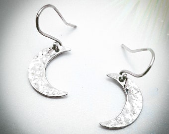 Recycled Sterling Silver Crescent Moon Drop Earrings