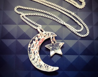 Recycled Sterling Silver Moon and Star Pendant
