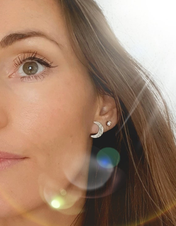 Recycled sterling silver Crescent moon stud earrings