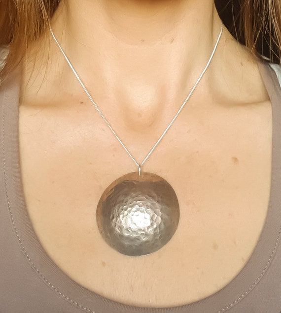 Bohemian Antique Silver Finish Large Disc Pendant Recycled Copper