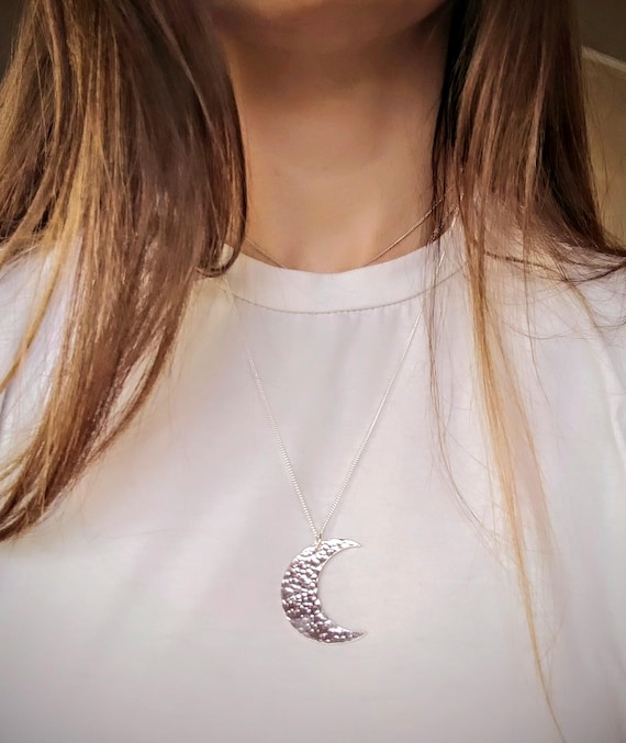 Large Silver Crescent Moon Pendant Necklace