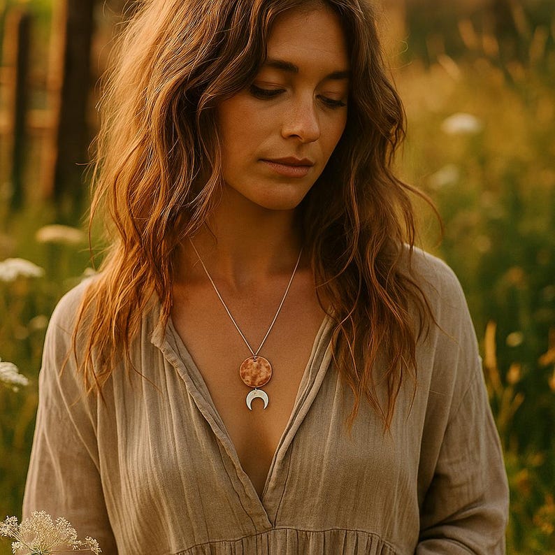 Pu&ograve; includere: Una collana d'argento con un ciondolo circolare strutturato e un ciondolo a forma di mezzaluna. La collana &egrave; indossata su un abito dai toni neutri. Lo sfondo mostra un ambiente naturale all'aperto.