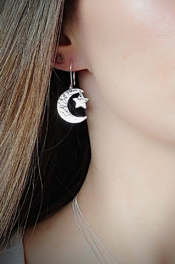 Recycled Sterling Silver Moon and Star Earrings