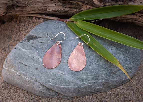 Repurposed Copper Teardrop Shape Drop Earrings Silver Hooks