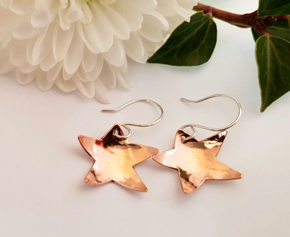 Repurposed Copper Star Drop Earrings With Handcrfted Recycled Silver Hooks