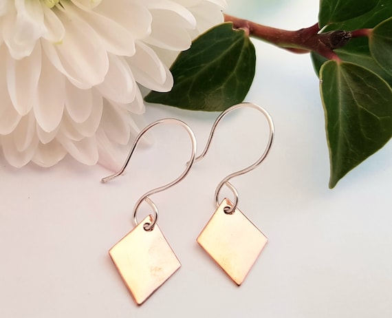Repurposed Copper Diamond Drop Earrings With Handcrafted Recycled Silver Hooks