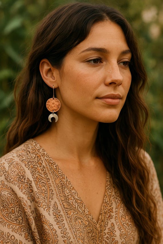 Handmade Copper & Silver Sun and Moon Earrings – Recycled Metals | Eco-Friendly Statement Jewellery | Boho Lunar Dangle Earrings