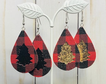 Buffalo Plaid Tree Faux Leather Earrings