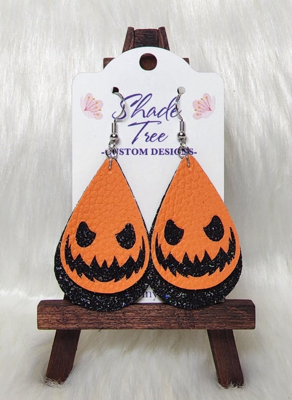 Halloween Leather Earrings For Women - Orange Teardrop Pumpkin Dangle Earrings, Spooky Fashion Accessory - View #3