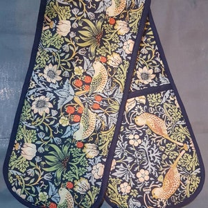 Oven gloves. Double oven gloves. William Morris. Strawberry Thief on navy and aqua. Gifts under 20
