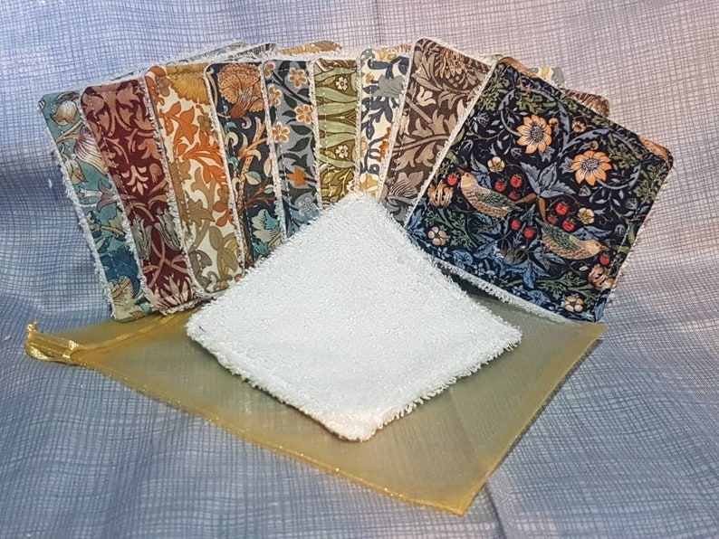 5, 7, 10 tampons démaquillants lavables réutilisables William Morris en coton et bambou. Carrés démaquillants. Lingettes démaquillantes pour le visage image 4