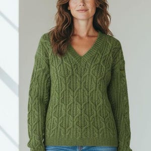 Sweter wełniany, wzór warkoczowy, zielony M/L