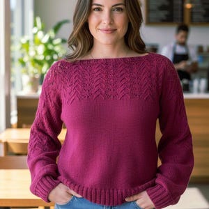 Sweter z cienkiej wełny, ażurowy wzór, bordowy L/XL image 1