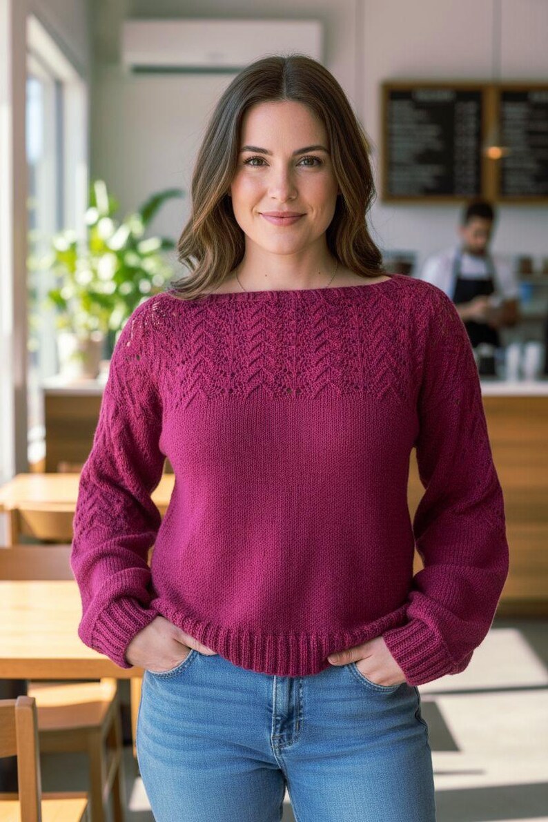 Sweter z cienkiej wełny, ażurowy wzór, bordowy L/XL image 1