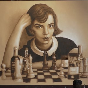 Das Damengambit/ Queen&#39;s Gambit Gemälde Portrait in Öl Sepiafarbe