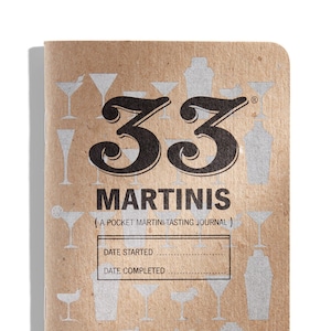 May include: A brown paper journal with a silver and white pattern of martini glasses and cocktail shakers. The cover features the text "33 Martinis (A Pocket Martini-Tasting Journal)" in black.