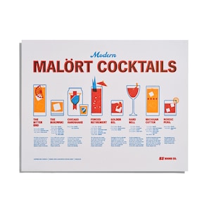 May include: A white rectangular print with the words "Modern MALÖRT COCKTAILS" in red and blue. It displays illustrations of cocktails like "The Bitter End" and "Chicago Handshake", with their recipes. A guide for cocktail enthusiasts.