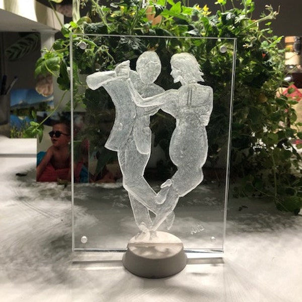 Couple de danseurs de tango argentin, colgade, Sculpture sur bloc acrylique