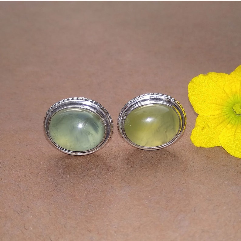 Prehnite Earring Solid Silver Stud Wedding Gift Idea Stud Mother Gift Idea Gemstone Jewelry Women Gemstone Stud Unique Gemstone Stud