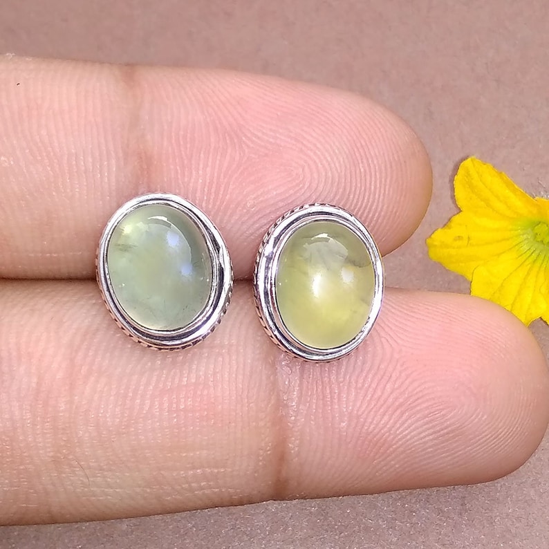 Prehnite Earring Solid Silver Stud Wedding Gift Idea Stud Mother Gift Idea Gemstone Jewelry Women Gemstone Stud Unique Gemstone Stud