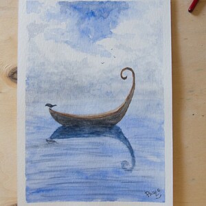 Paesaggio fantasy con barca. Acquerello 21x15 su carta Canson 300 g/m2