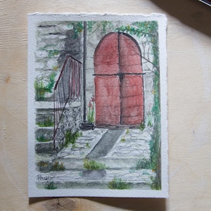 Scorcio di paese con porta. Acquerello 16x12 su carta Canson 300g/m2