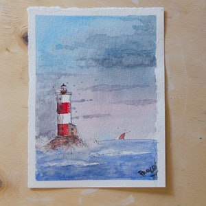 Faro con barca all'orizzonte. Acquerello 15x12 su carta Canson 300 g/m2
