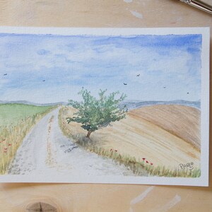 Paesaggio toscano con albero. Acquerello 21x15 su carta Canson 300 g/m2