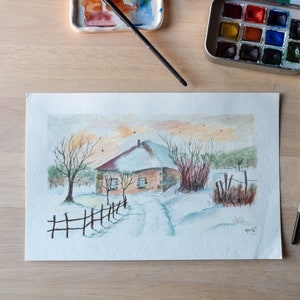 Paesaggio Invernale - Acquerello e Matite Acquerellabili mis.cm.23x15 su carta fatta a mano 200 g/m2