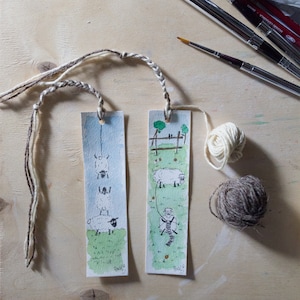 Coppia di segnalibri con treccia di lana tinta a mano. Acquerello 16x4 su carta Canson 300 g/m2