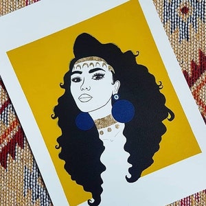 May include: A digital illustration of a woman with long, curly black hair. She is wearing a gold headband and large blue earrings. The background is a solid yellow colour.