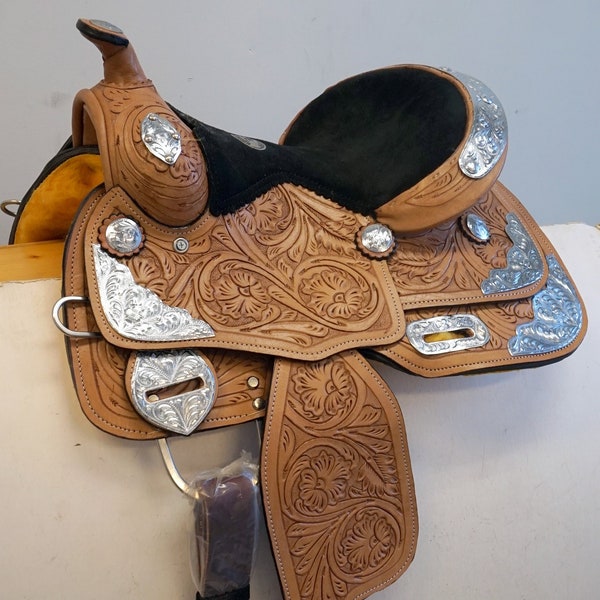 Fully Tooled Super Silver Show Western Pony Horse Trail Saddle 13" Medium Oil Color Leather w/Black seat