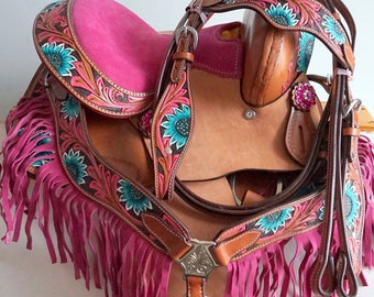 Pretty Girly Floral accents! Western YOUTH Horse Trail Barrel Saddle 10" Or 12" Option-Full/ Pony Headstall Breastplate w/Fringe- PINK Seat!