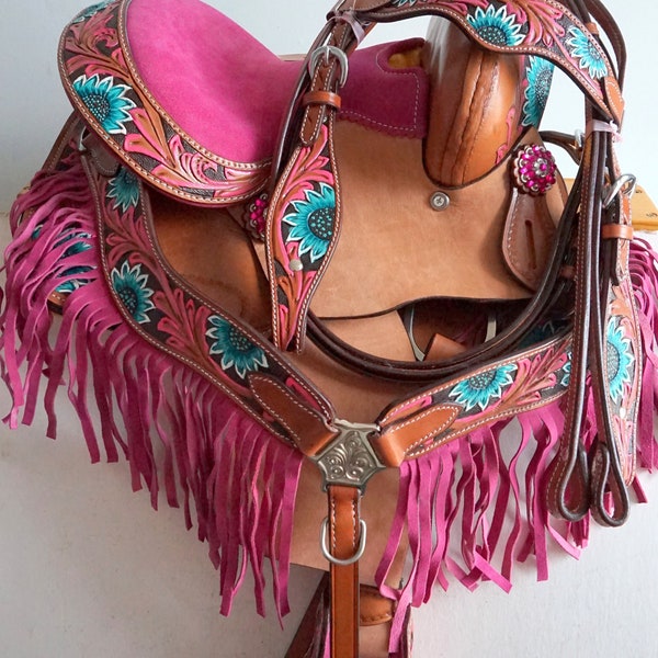 Pretty Girly Floral accents! Western YOUTH Horse Trail Barrel Saddle 10" Or 12" Option-Full/ Pony Headstall Breastplate w/Fringe- PINK Seat!