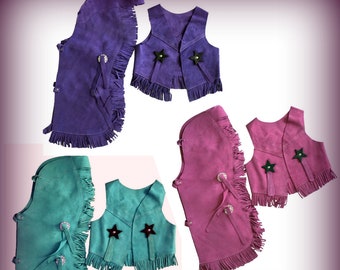 Back In: Halloween Costume Children's Western Suede Vest and Chaps Set Fringe and stars- Back- Pink Purple Teal Black & Brown