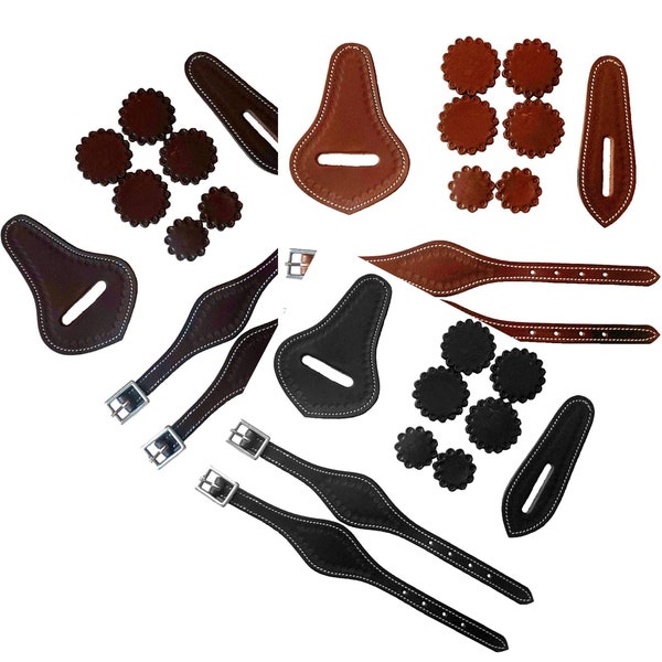 Saddle replacement parts 10Pc /2 Pc hobble straps-Kids/ Adult Leather kit-Tan Brown Black tooled border. Repair and DIY. Set includes 10 pcs