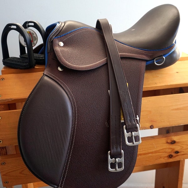 13" 14" 15" Starter Show 4 H Club Trail All Purpose English Saddle ONLY Or 3 PC Pkg-Royal Blue Trim On Oak Brown Leather-Gift Idea!