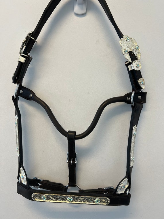 Dark Brown Show Leather Halter & Lead With Silver Plated Trims and Blue/  Iridescent Crystal Accents-full HORSE Super Stunning for Shows 