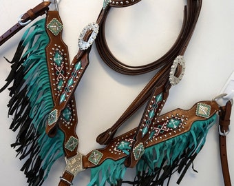 Perfect Gift Pack! Western Trail Barrel Fringed Headstall set w/ fringe in PINK/ TEAL/ PURPLE accents-Tan leather 2 Sizes- Pony Or Horse!