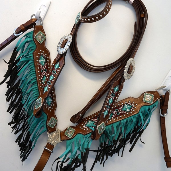 Perfect Gift Pack! Western Trail Barrel Fringed Headstall set w/ fringe in PINK/ TEAL/ PURPLE accents-Tan leather 2 Sizes- Pony Or Horse!