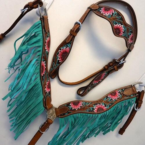 Western in Pony Or Horse Medium Leather Hand painted Headstall Breastplate Reins Set- Teal & Pink Floral Accents, Fringed: shops Wave Browband!